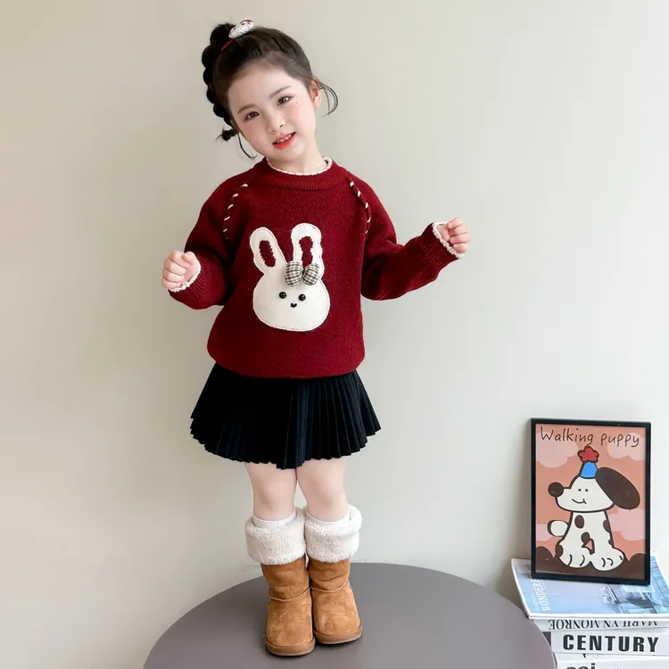 女童兔子加绒毛衣秋冬季2025新款儿童洋气打底针织衫宝宝内搭上衣