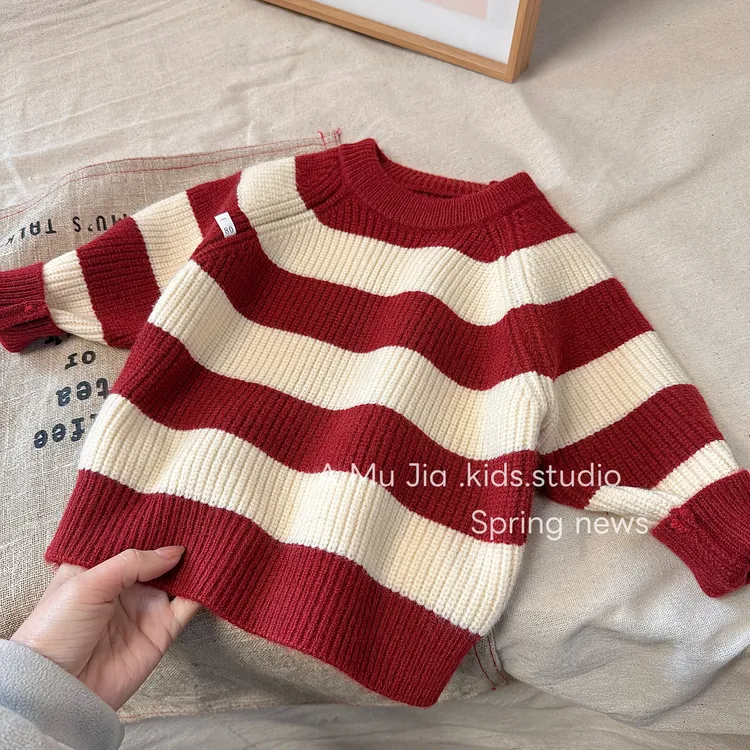 【阿沐家童品】儿童休闲毛衣宝宝冬季新款条纹百搭保暖圆领针织衫