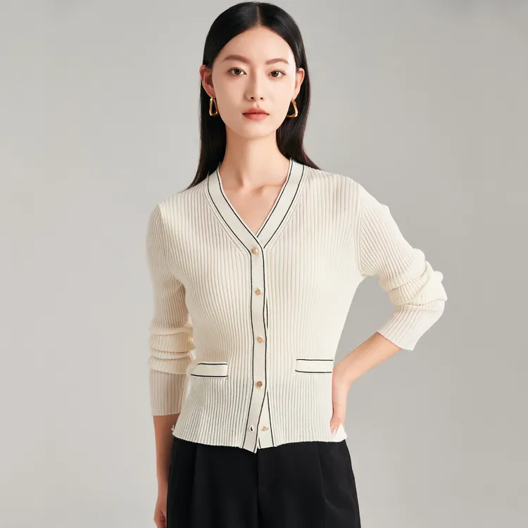 PALUOPO/帕罗V领针织开衫撞色显瘦羊毛衫 ET22171Y-A1