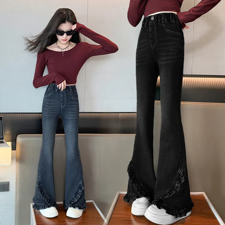 女童喇叭裤春秋款弹力紧身微喇牛仔裤黑色修身女大童秋季儿童裤子