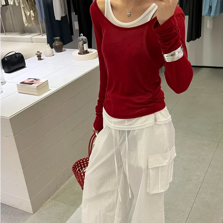 假两件正肩长袖t恤女春季2025新款修身显瘦内搭打底独特洋气上衣