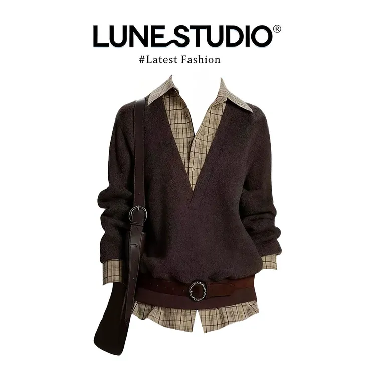 parkyeon美拉德穿搭时尚格纹领拼接假两件针织上衣女秋季宽松毛衣