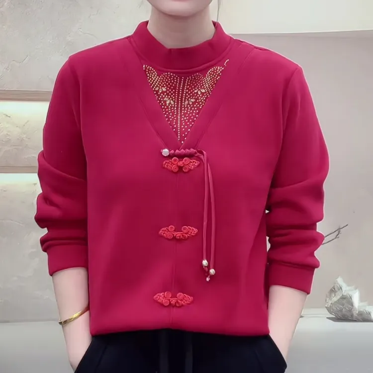 25秋冬新款加绒加厚打底保暖衣时尚烫钻国风盘扣上衣洋气妈妈穿搭