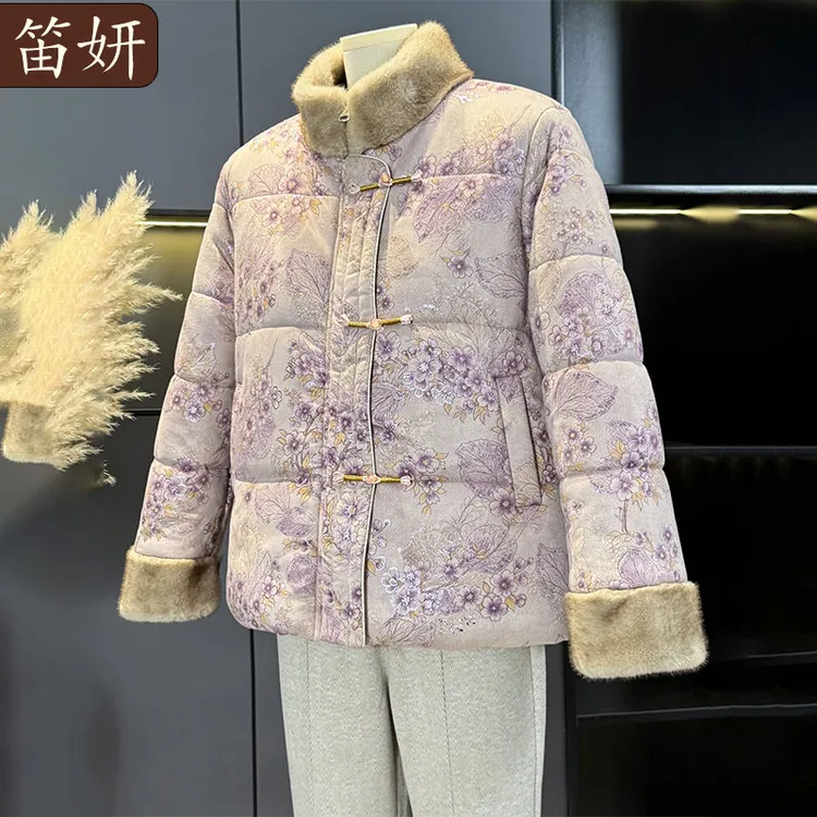 妈妈装国风加绒加厚麂皮绒盘扣棉服外套中老年女装秋冬装碎花棉袄