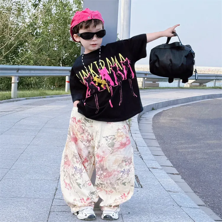 男女童闪电印花痞帅黑色短袖T恤夏季中大儿童宽松上衣打底衫