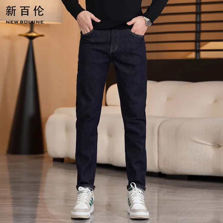 新百伦秋季男士轻奢牛仔裤不褪色丹宁蓝原色2025新款直筒修身长裤