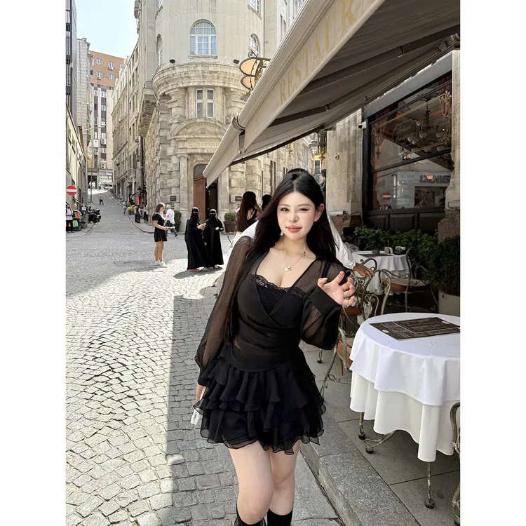 黑泽玄七春夏秋奥德莉裙子大码遮肚显瘦千金矜贵薄雾雪纺套装女