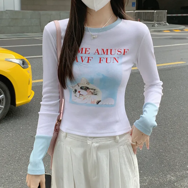 韩系别致撞色猫咪印花T恤女秋季甜辣假两件打底衫长袖正肩上衣ins
