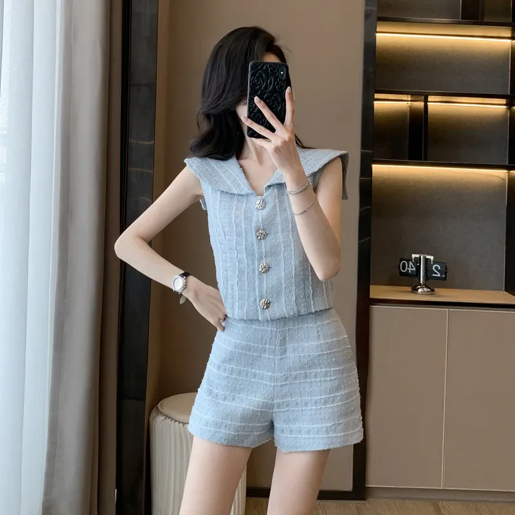 蓝色海军领小香风气质两件套女小个子学院风洋气减龄短裤休闲套装
