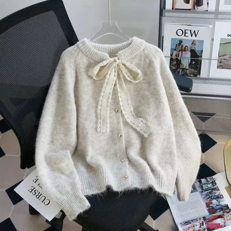 设计感气质系带蝴蝶结V领针织混纺毛衣开衫洋气减龄秋季针织衫女