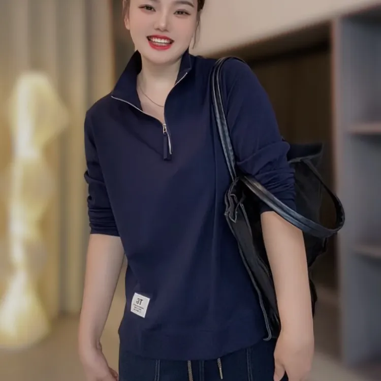 2025年秋季新款拉链立领薄款长袖宽松休闲显瘦百搭上衣女洋气减龄