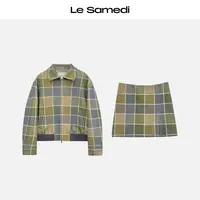 Le Samedi马油叶儿【冬青学院】撞色格纹羊毛呢翻领短外套/短裙