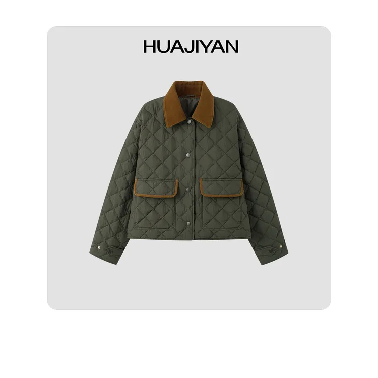 华吉言/HUAJIYAN【香草巴斯克】绒面羊皮撞色菱格绗缝制鹅绒服