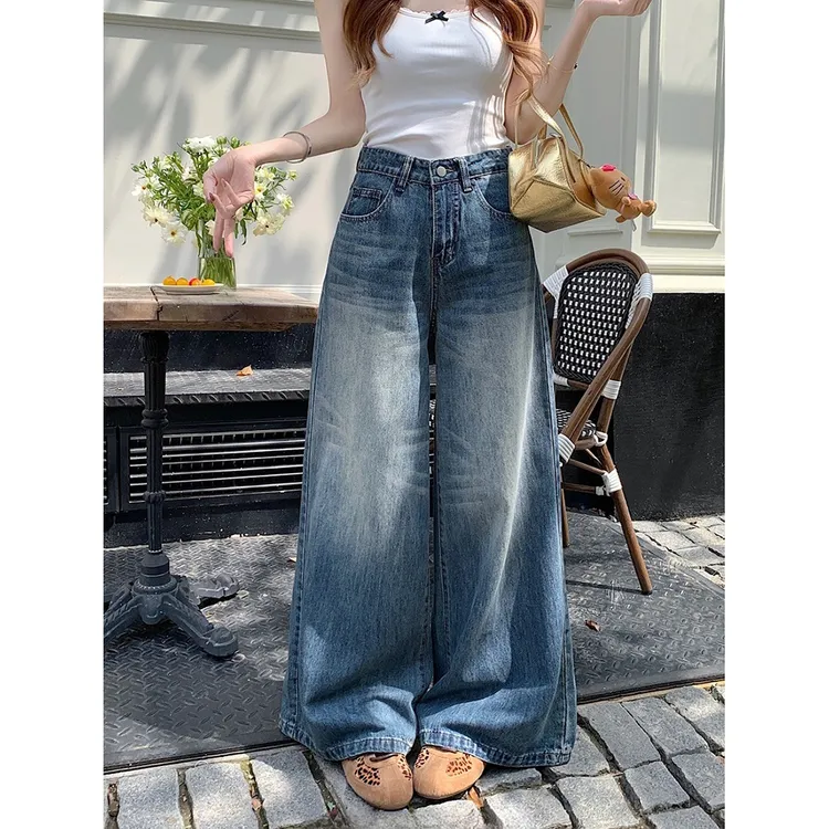 美式复古阔腿牛仔裤女秋季新款高腰宽松遮肉显瘦垂感直筒拖地裤子