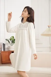 【吴姐专享】628453纯棉拉架翻领简约长袖女睡裙LRW