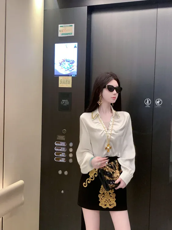 【雅乔定制】白金巴洛克 高级感V领金色织带抽皱衬衫DYYK-25052484
