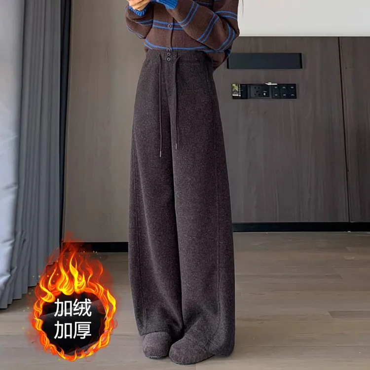 加绒加厚毛呢弯刀裤女秋冬2025新款宽松休闲松紧腰直筒阔腿裤子