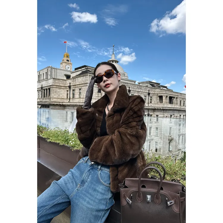 【CHENSMCHEN×JCSO】进口咖啡立领短款全抽刀水貂外套女ZZDF-25310