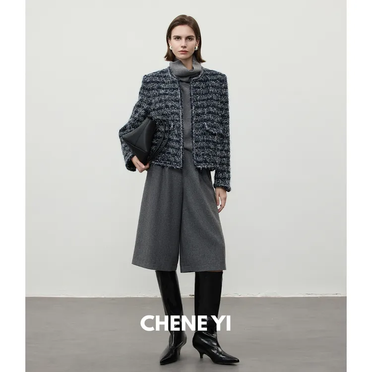 CHENE YI 时髦造型感佰搭/通勤双褶法兰绒阔腿八分裤女直筒休闲裤