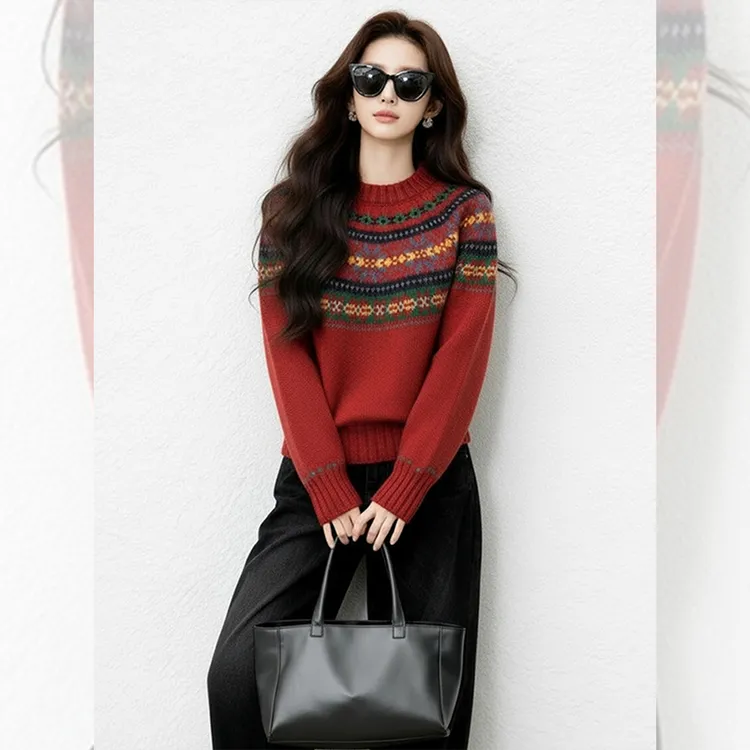 别致独特漂亮红色小衫费尔岛毛衣打底洋气高贵针织衫上衣女装秋冬