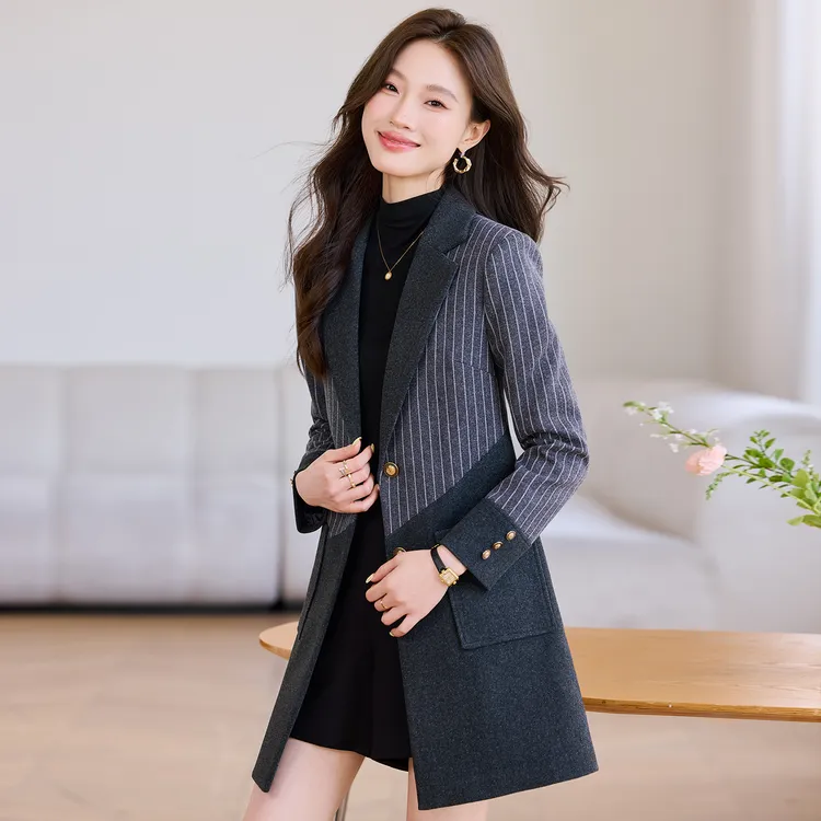 风衣外套女灰色条纹中长款拼接西服高端大气上档次小个子毛呢外套