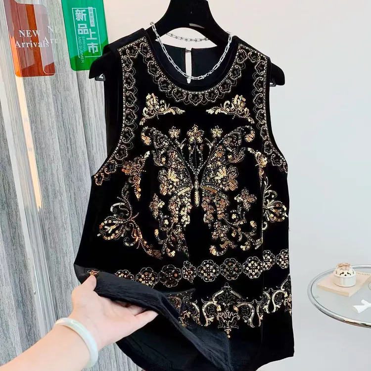 3235【威尼斯买手店-L】金蝶/秋季高端欧货亮片钉珠丝绒无袖马甲女