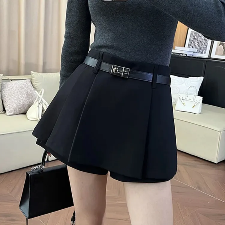 配腰带韩版假两件毛呢短裙裙裤秋冬2025新款高腰显瘦A字百褶裙子