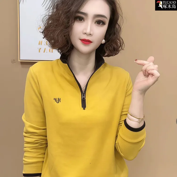 啄木鸟正品2025秋冬立领拉链时尚休闲双面绒T恤女士洋气宽松百搭