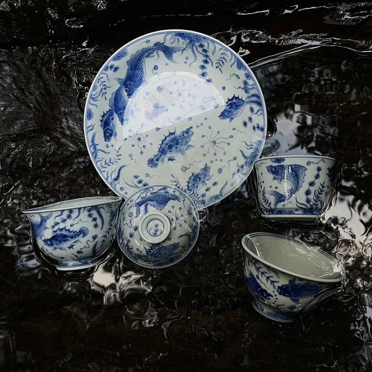 仿明成化青花 鱼藻两才盖碗 壶承 主人杯套组景德镇 手工手绘青花