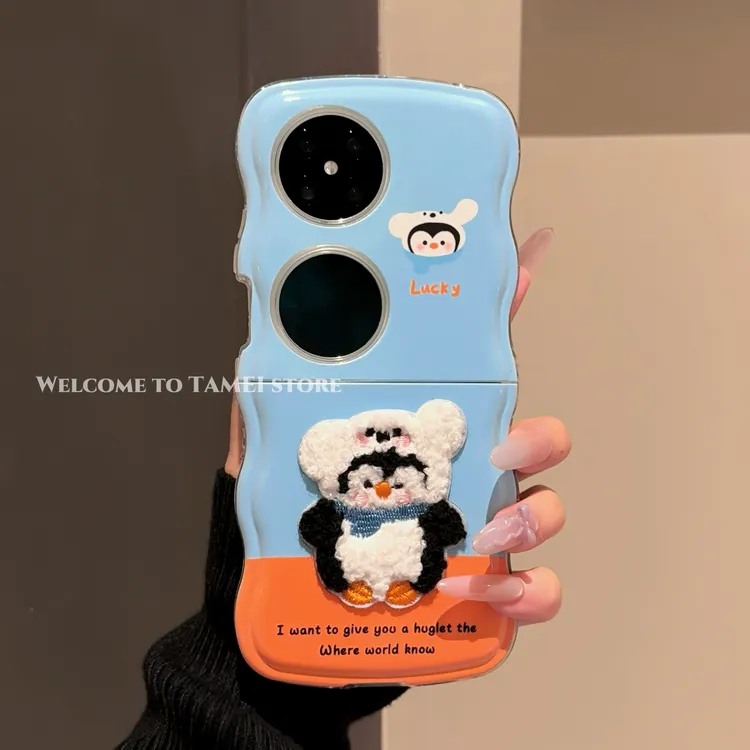 适用于华为POCKET2波浪手机壳FINDN3FLIP刺绣企鹅创意全包高级感