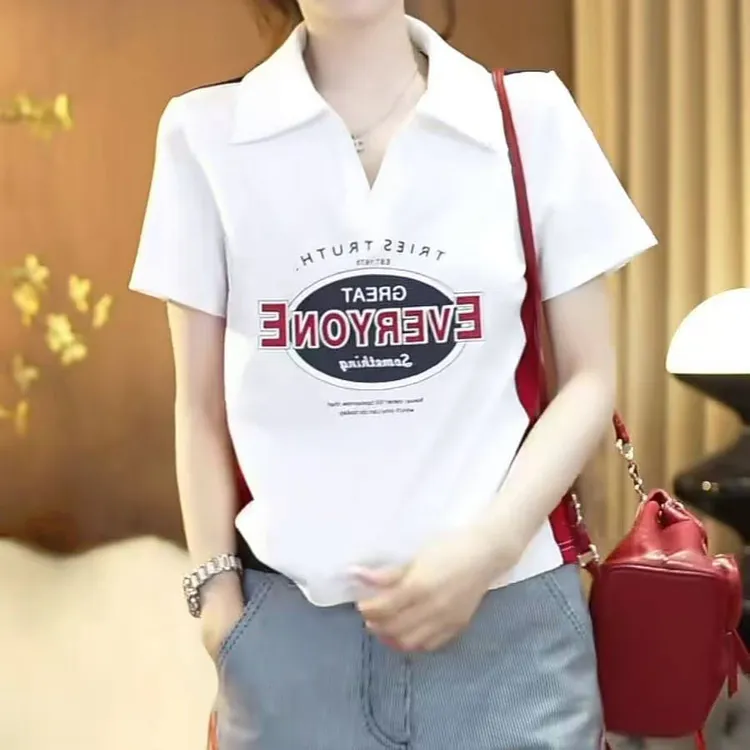 美式学院风时尚印花拼接短袖t恤女2025夏季新款设计师显瘦上衣