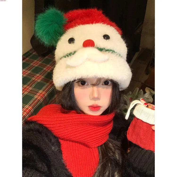 可爱圣诞老人毛绒针织帽子女冬季加绒加厚保暖防寒毛线帽护耳帽子