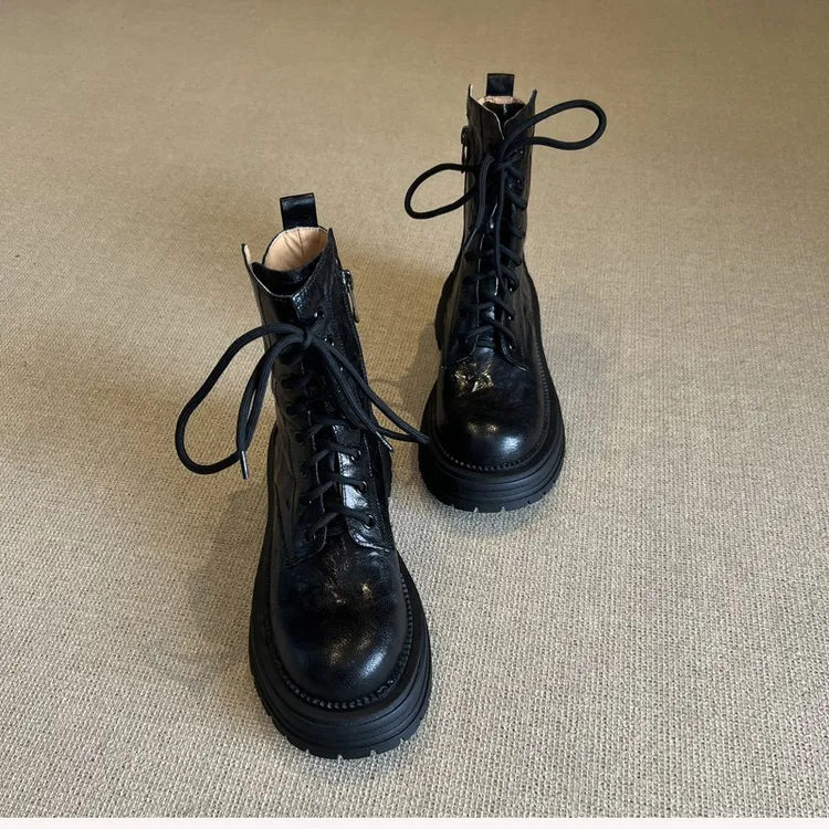 羊皮版~马丁靴女厚底系带2025秋冬新款百搭小个子英伦风ins酷短靴