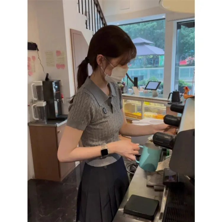 韩系灰色Polo领麻花针织衫夏季薄款修身正肩小个子上衣女短袖t恤