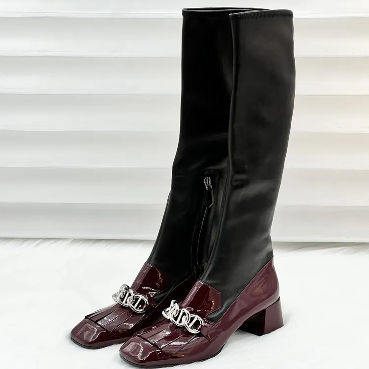 未使用 Prada/普拉达 酒红拼色链条长靴 37.5码 公价1.7w zy013