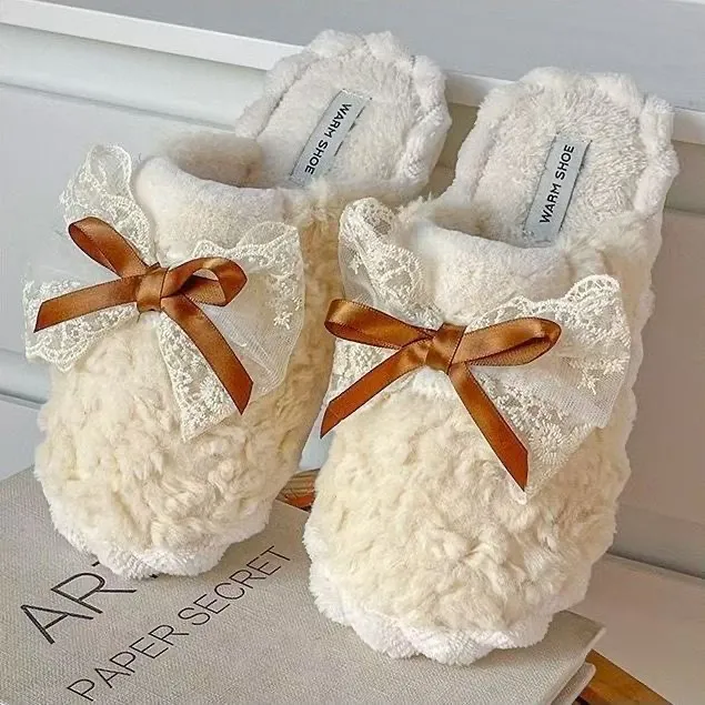 2025新款保暖防滑情侣居家棉拖鞋甜美可爱蝴蝶结毛绒月子鞋男女冬