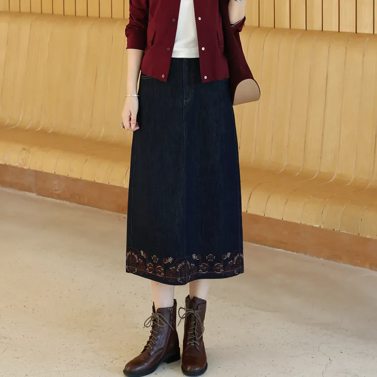 枫竺阿楠anan半松紧中高腰显瘦遮胯重工刺绣初秋直筒牛仔半身裙