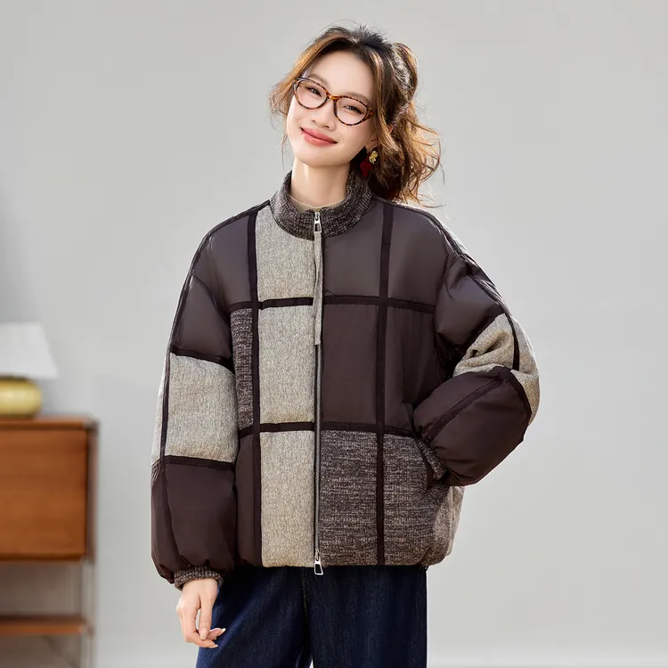 时尚拼色格子立领羽绒服女2025冬季新款小香风气质90白鸭绒外套潮