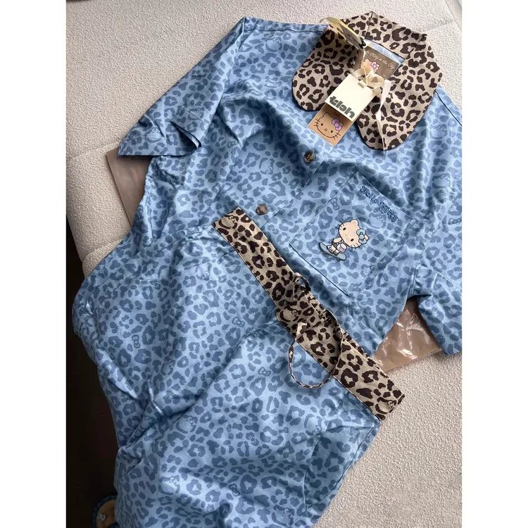高级感Kitty豹纹短袖睡衣女夏季新款网红风冰丝大码套装家居服夏