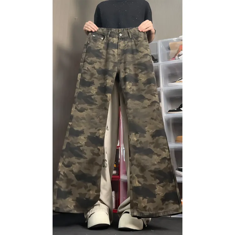 美式复古迷彩微喇牛仔裤男秋季大码高街修身直筒裤子潮牌休闲长裤