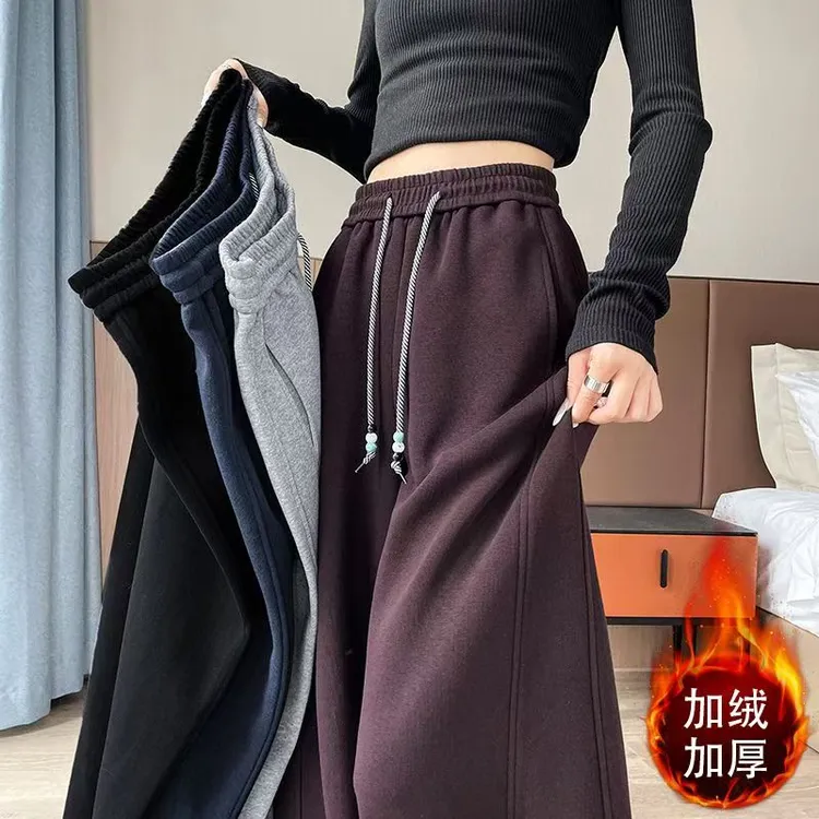 秋冬爆款百搭大码宽松显瘦休闲裤女2025美式高腰加绒弯刀运动卫裤