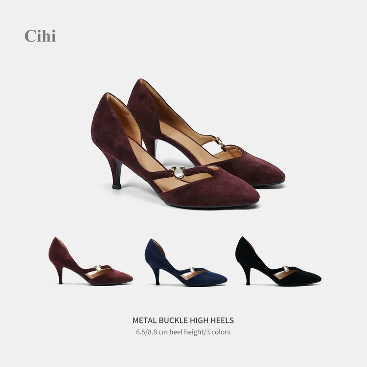 Cihi'Sonorous' 时光手稿 金属扣植鞣绒面侧空高跟单鞋