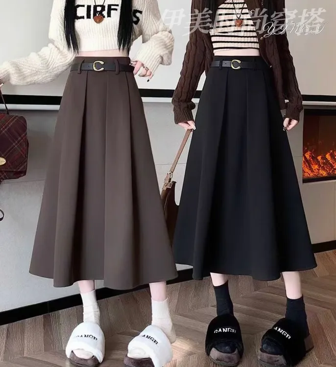 [送腰带+口袋]冬季毛呢西装高腰百褶A字裙加绒显瘦遮胯半身裙6018