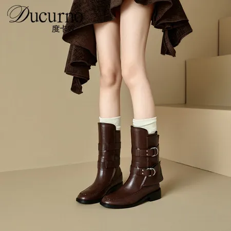 DUCURNO设计感小众皮带扣马丁靴女圆头粗跟真皮骑士靴时尚中筒靴