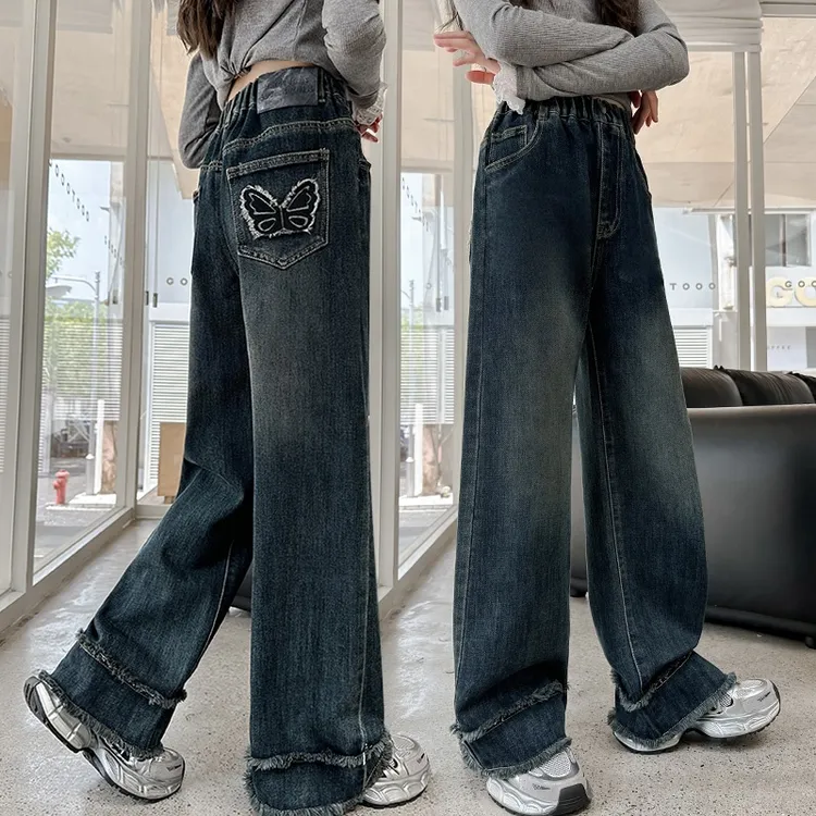 女童牛仔裤春秋新款休闲宽松阔腿裤秋装时尚女孩直筒裤儿童长裤潮