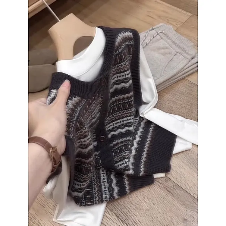 小众设计感提花栗子灰毛衣针织背心马甲叠穿女2025新款春秋季上衣