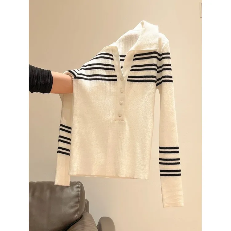 知性风衣服撞色条纹长袖针织衫女装早秋打底衫内搭半开领显瘦上衣