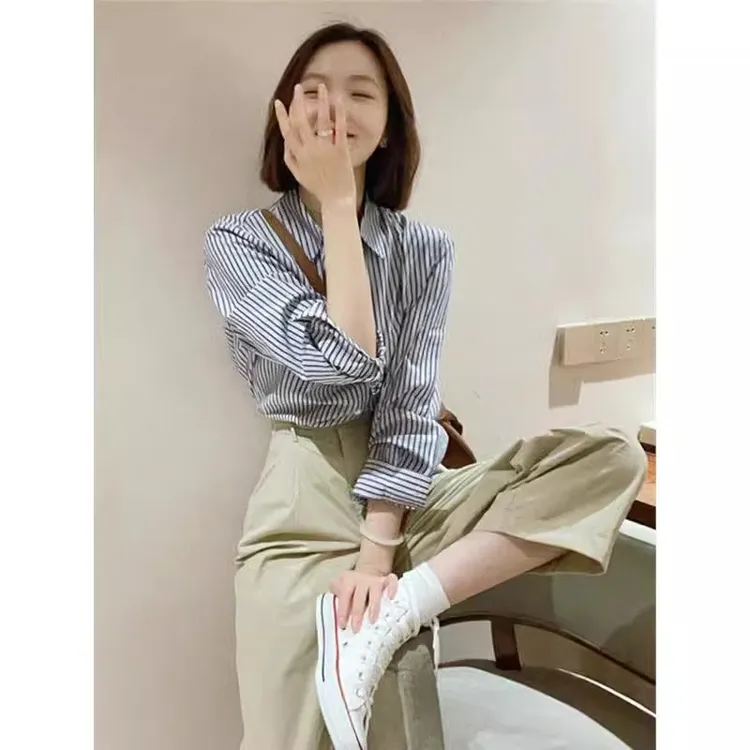 2025早春新款休闲时尚气质高级感条纹衬衫减龄盐系穿搭休闲裤套装