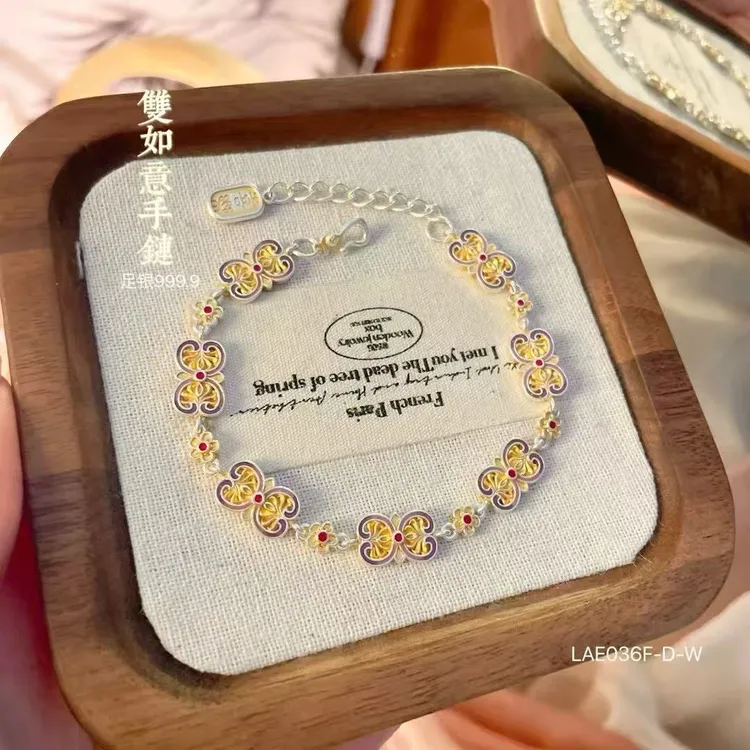 足银手链 足银999.9描金手工珐琅彩手链ins女纯银新中式小众手饰
