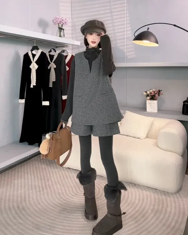 【酥酥专属】法式小香风银丝粗花呢设计感马甲+阔腿短裤三件套女